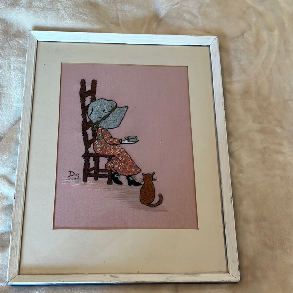 Vintage Holly Hobby style hand embroidered art girl with cat in pinks and blue
